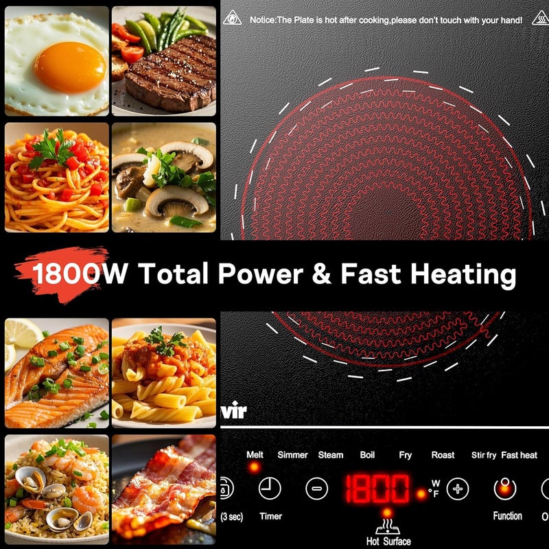 Traenvir Single Burner Electric Cooktop, Portable Electric Stove One Burner, 1800W Ceramic Cooktop with Touch Control, Child Safety Lock, 4 Hour Timer, Overheat Protection, 110V - 120V Plug in - Image 4